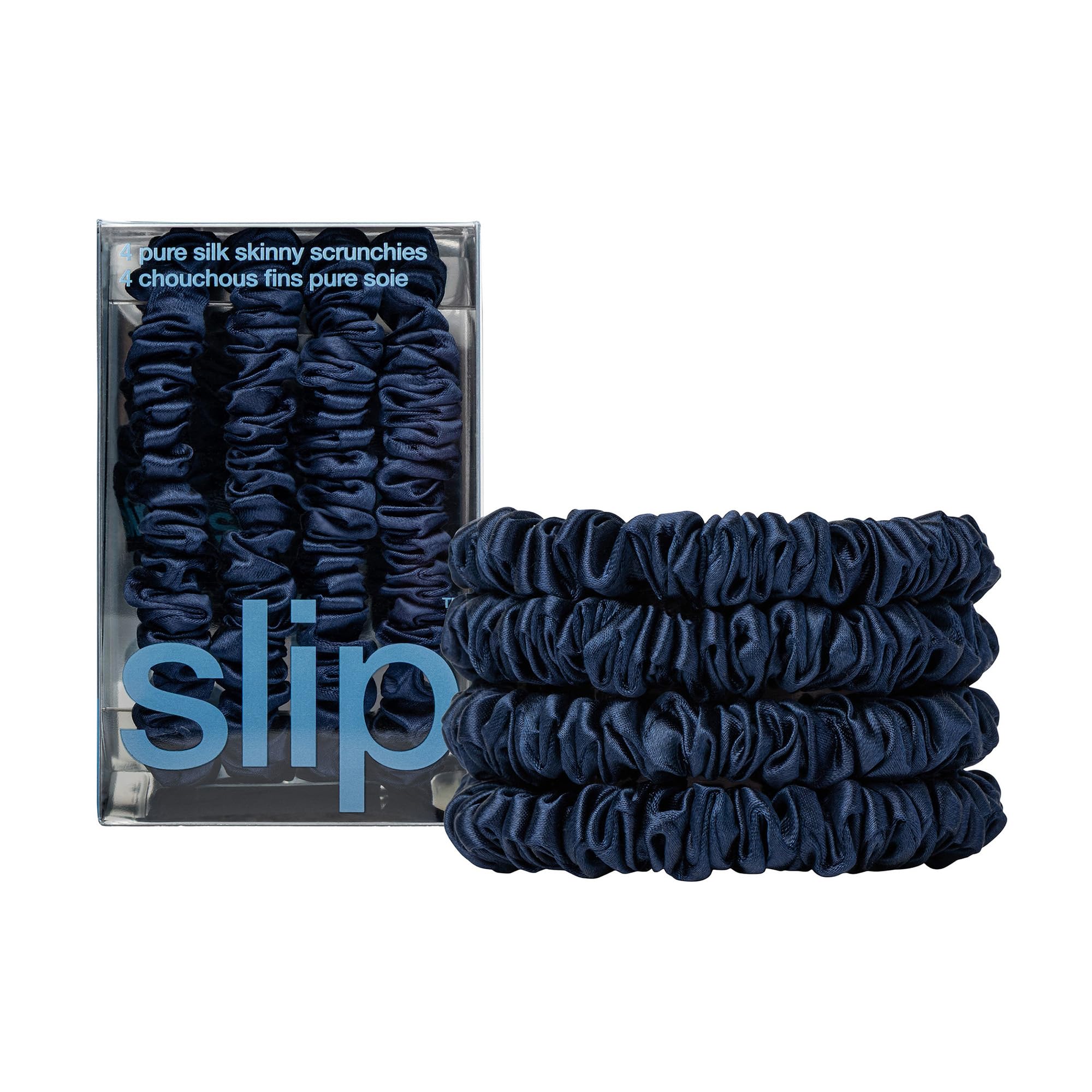 Élastiques Slip fins en soie bleu marine, douceur et maintien délicat pour cheveux délicats.