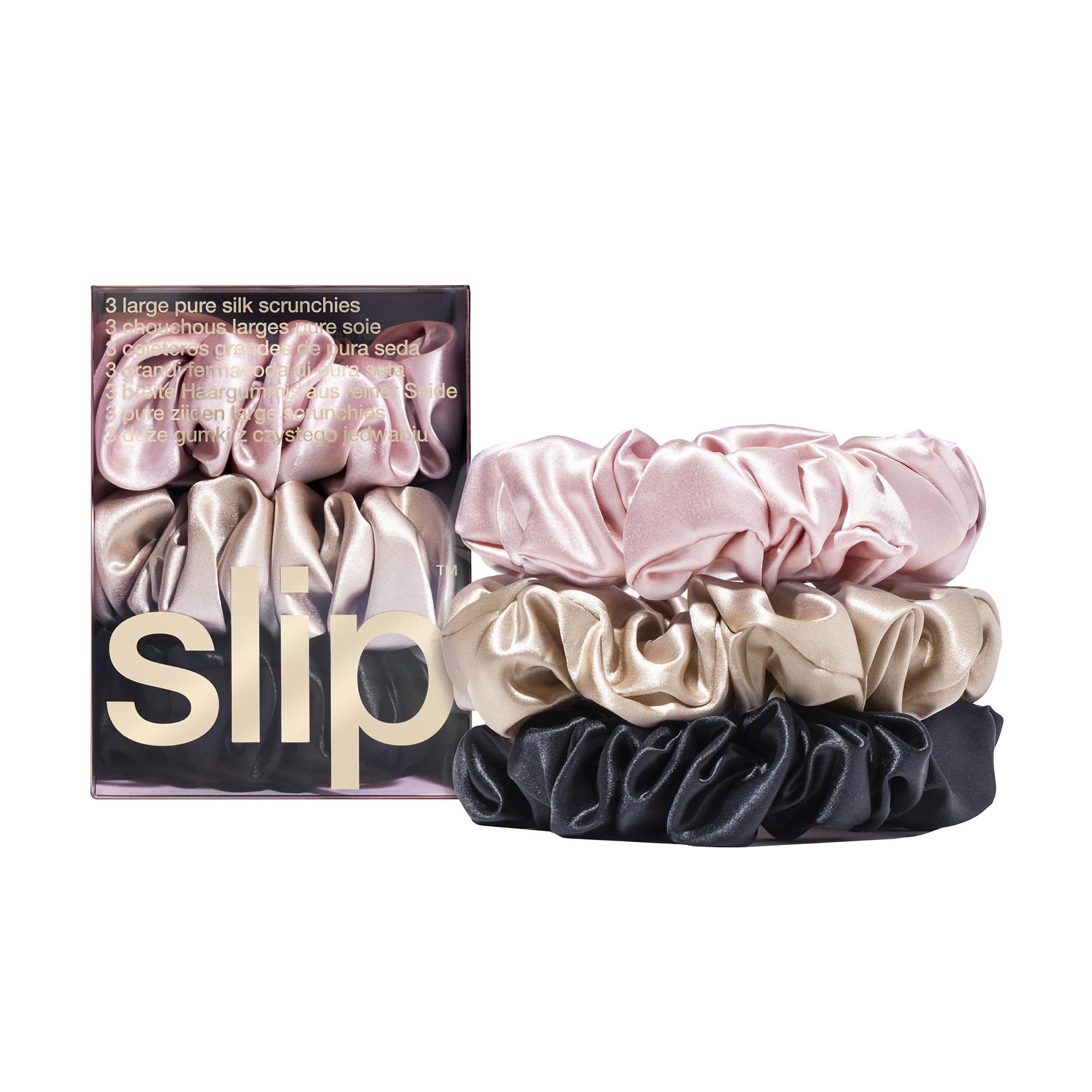 SLIP scrunchie large en soie rose, texture satinée qui glisse sans accrocher.