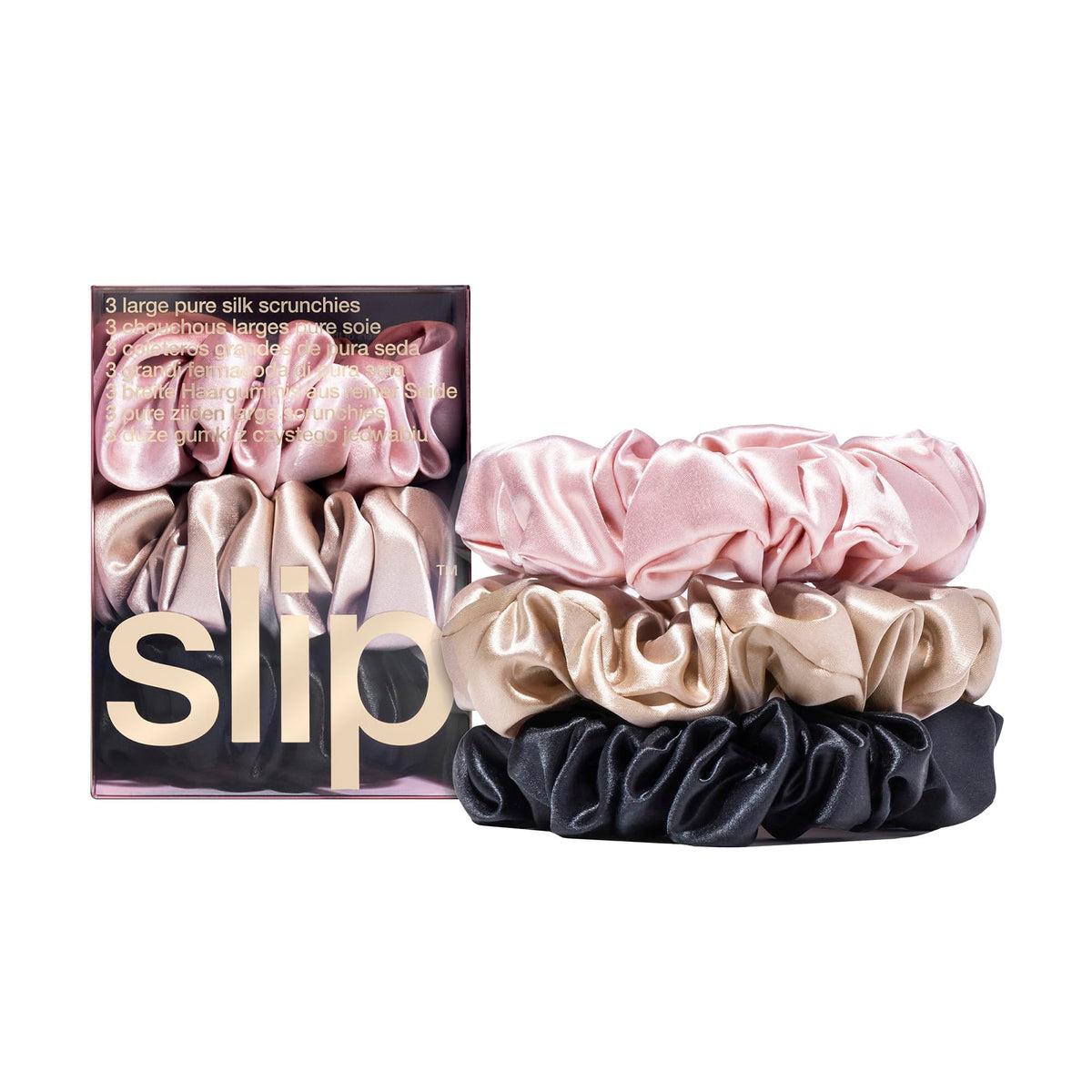 SLIP scrunchie large en soie rose, texture satinée qui glisse sans accrocher.