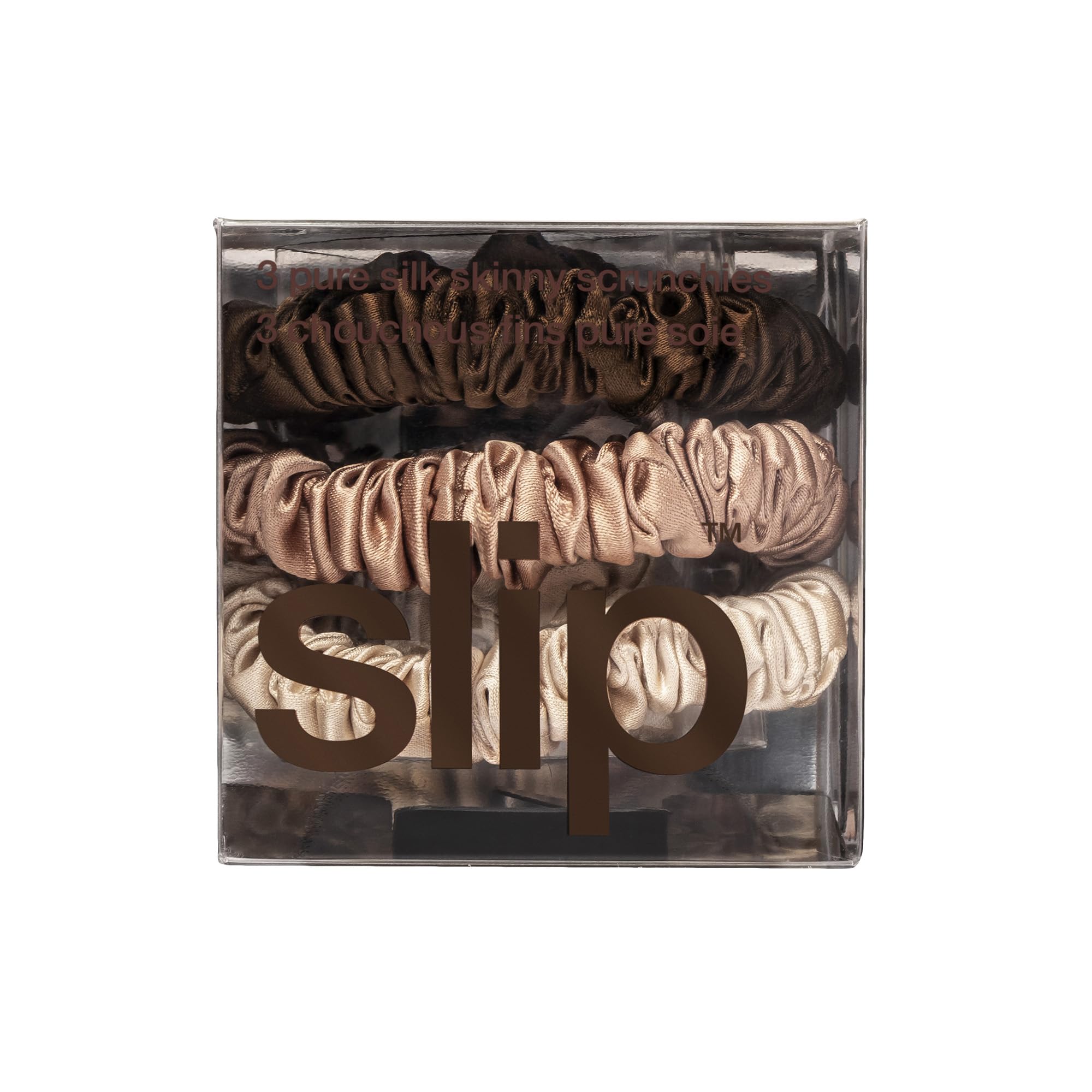 SLIP scrunchies skinny en soie pure – marron clair – traction douce pour cheveux fragiles.