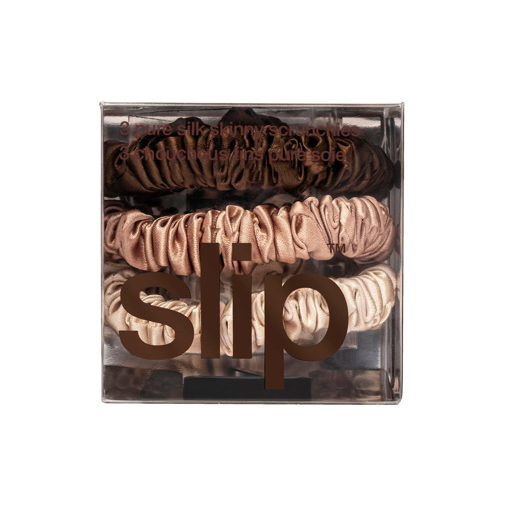 SLIP scrunchies skinny en soie pure – marron clair – traction douce pour cheveux fragiles.