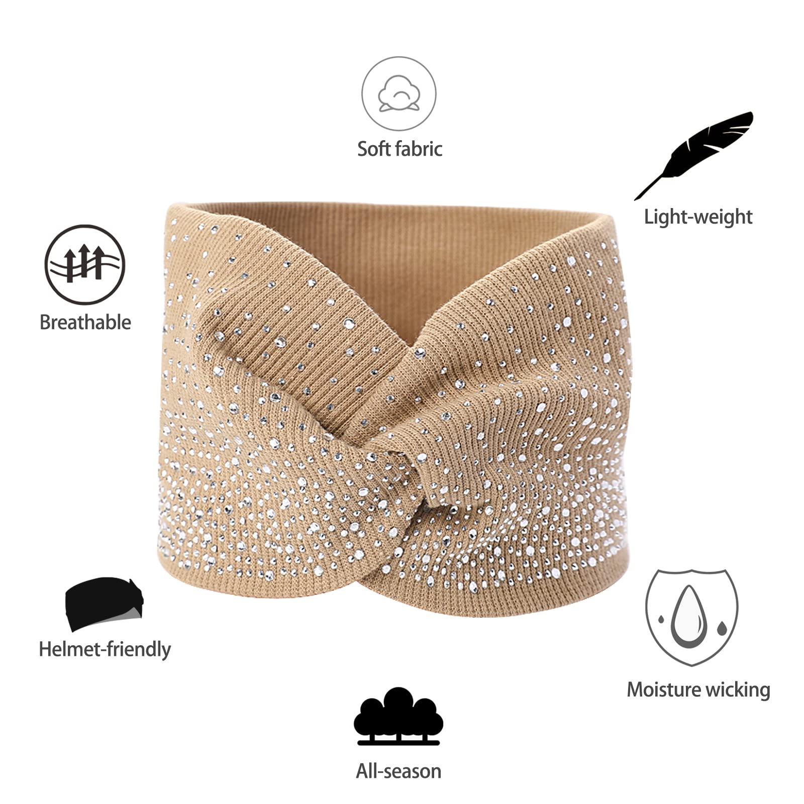 Bandeau Sliverdew cristal brillant élastique kaki, style discret et moderne.
