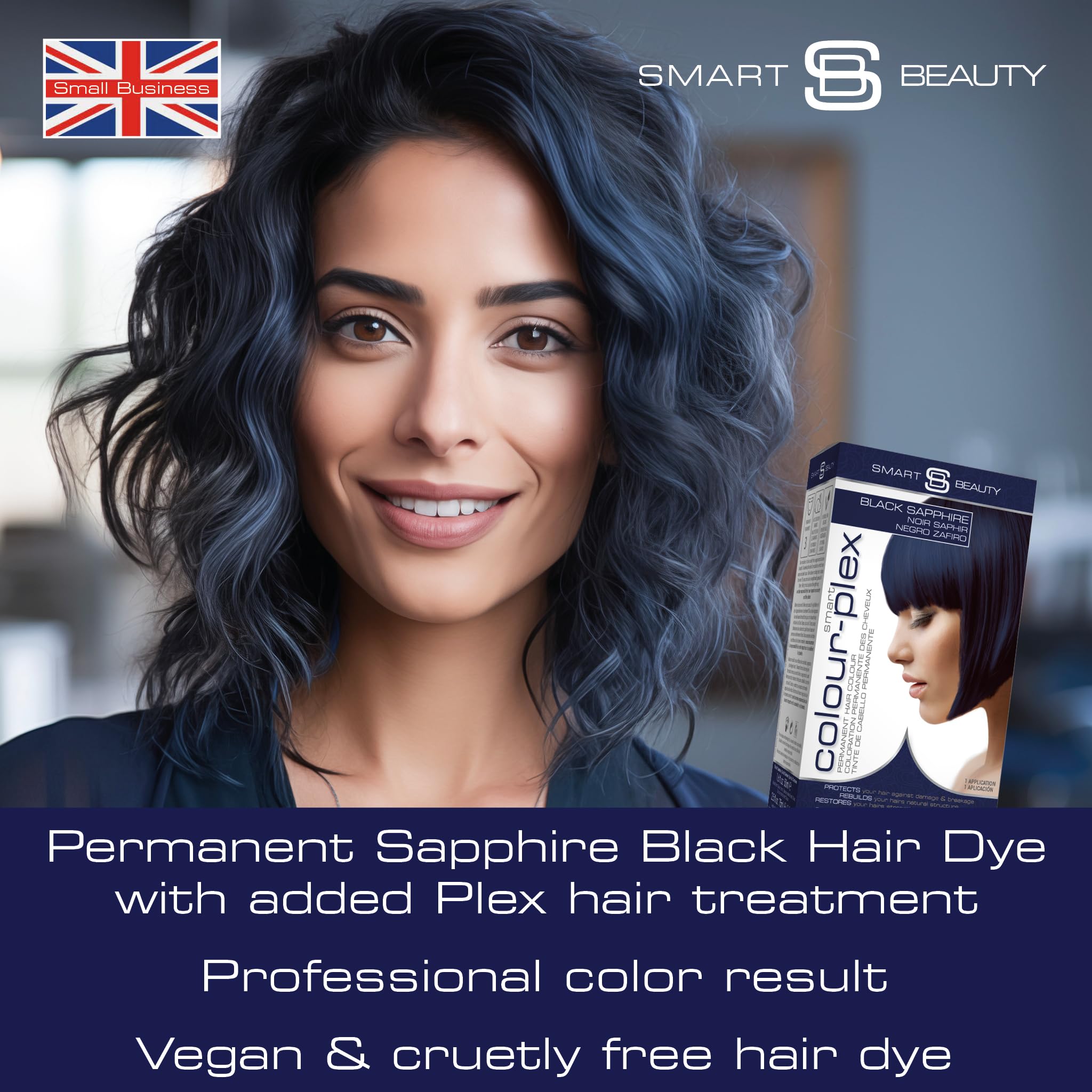 Coloration Smart Beauty bleu-noir avec doseur pour une application précise sans gouttes.