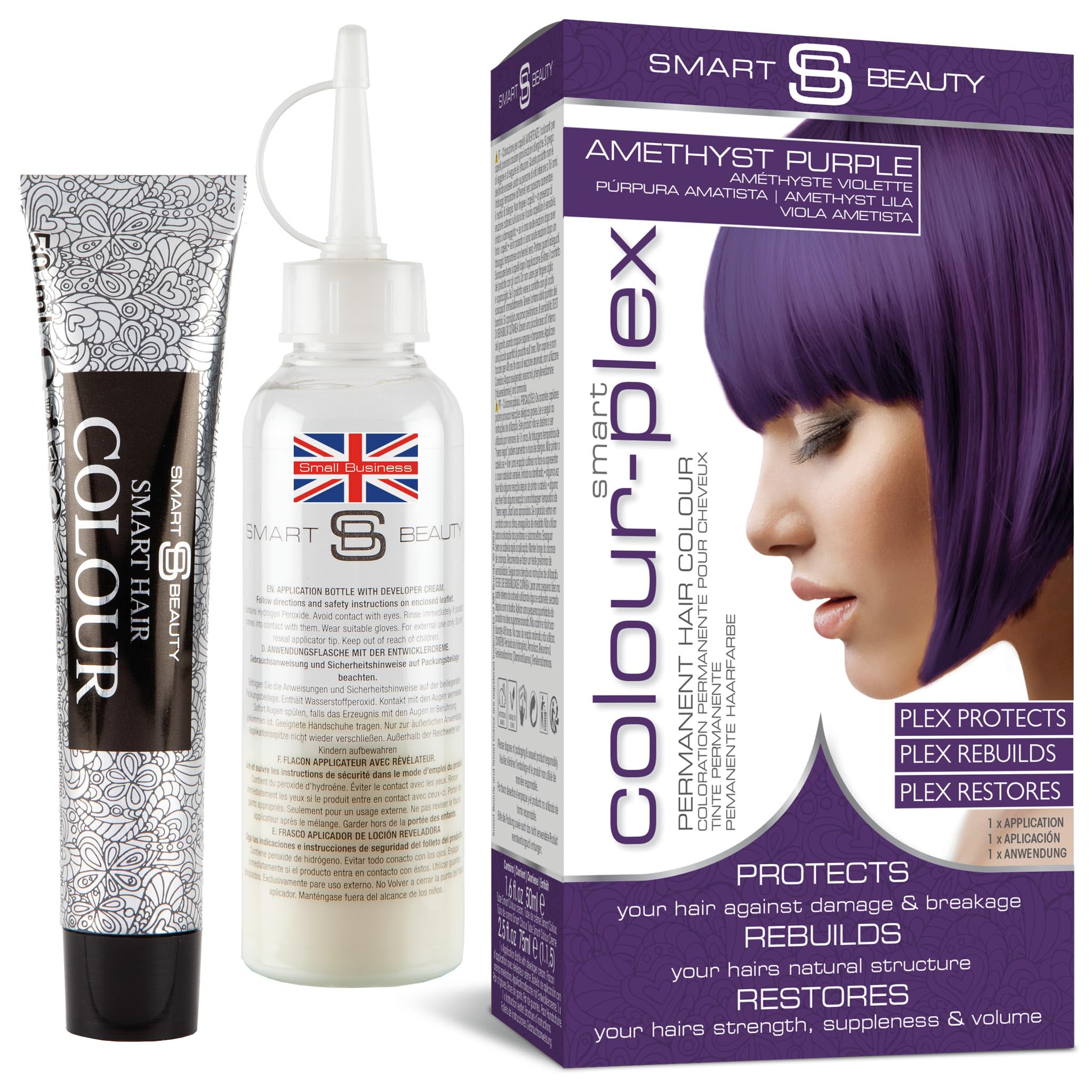 Smart Beauty teinture violet amethyste – Bouteille et mélange faciles pour coloration à domicile.