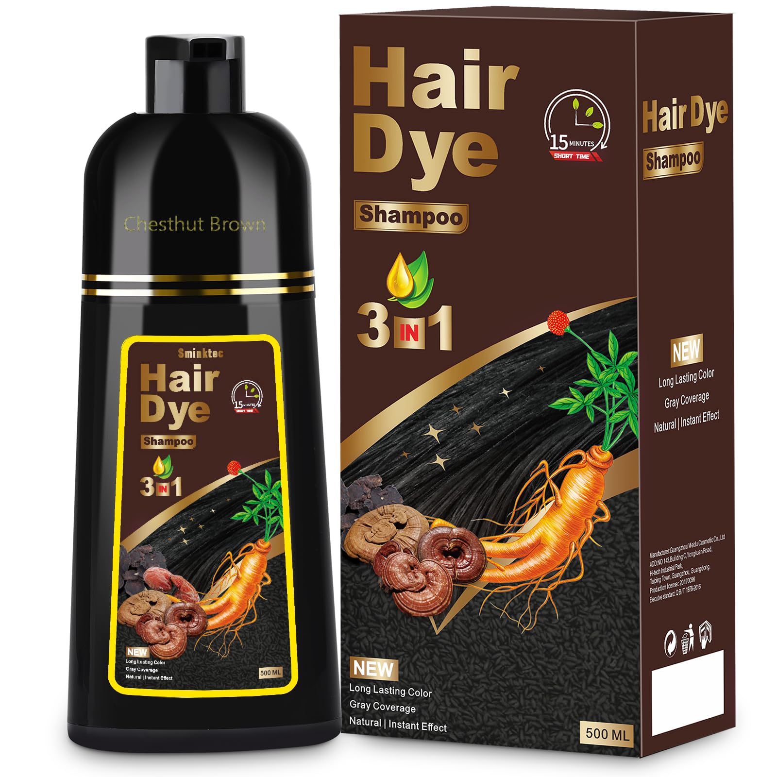 Sminktec Shampoing-coloration cheveux brun-châtaigne, application facile pour une couleur naturelle.