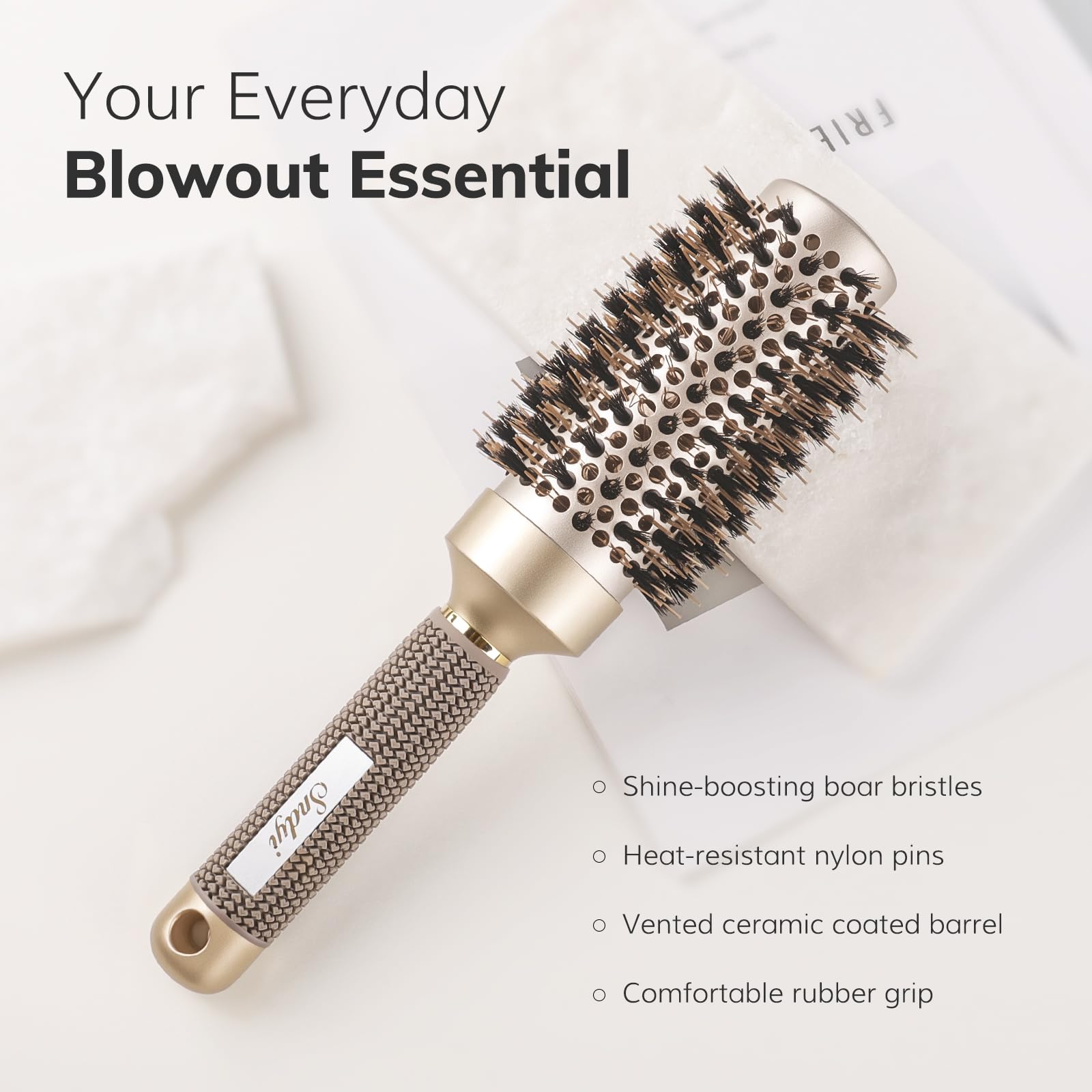 Brosse ronde Sndyi en céramique ionique, barillet 1,7 pouce, fini lisse