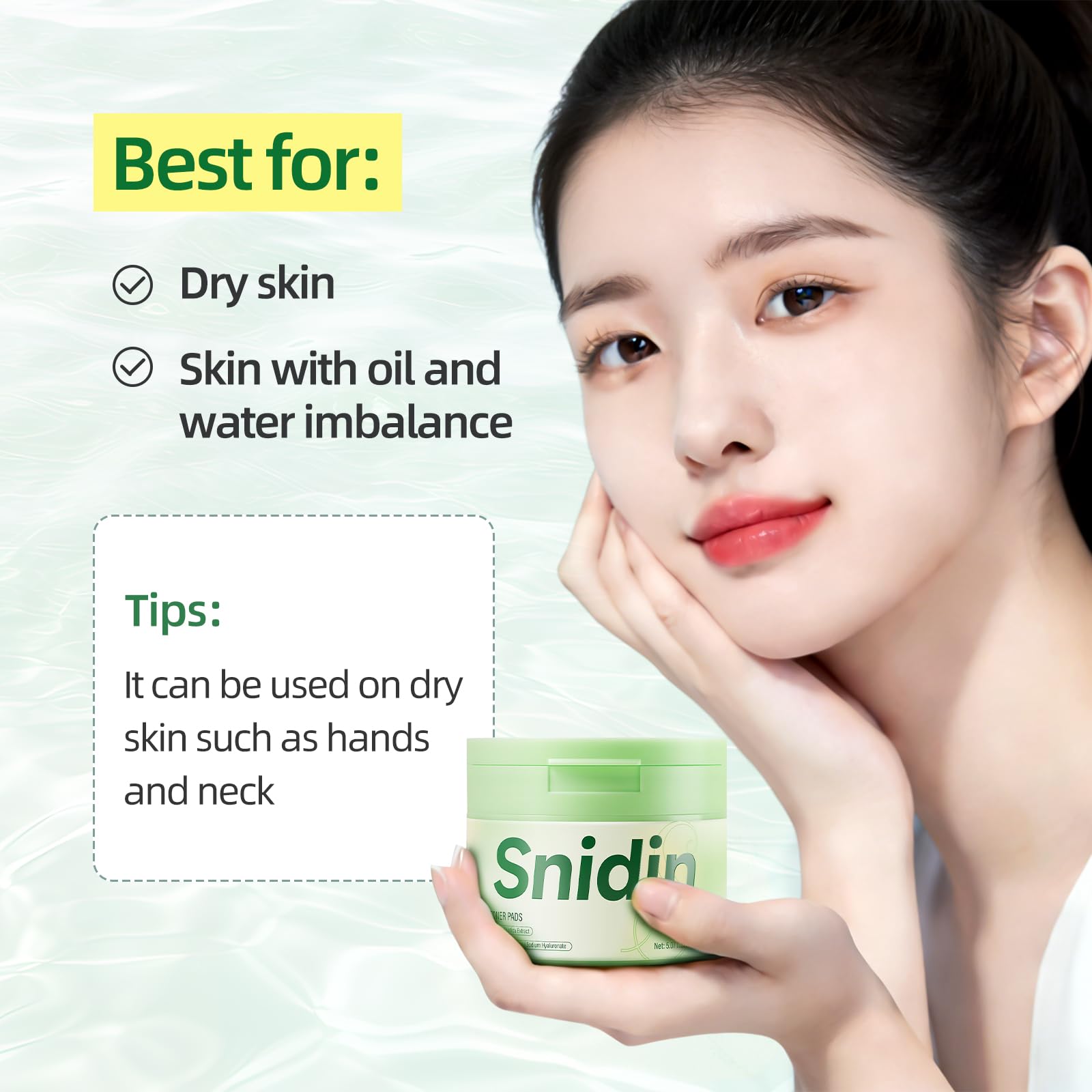 Snidin cotons-tonifiants masque 5 minutes sans rinçage pour peau revitalisée.