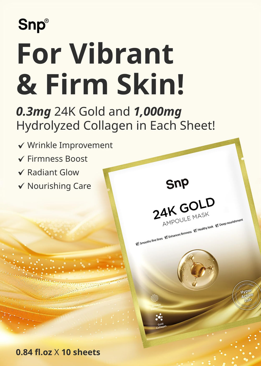 SNP 1000mg Collagen 24K Gold Ampoule Sheet Mask sheet closeup demonstrates skin-friendly cellulose and close adhesion