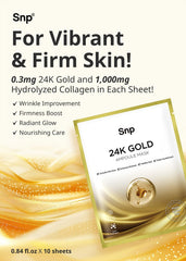 SNP 1000mg Collagen 24K Gold Ampoule Sheet Mask sheet closeup demonstrates skin-friendly cellulose and close adhesion