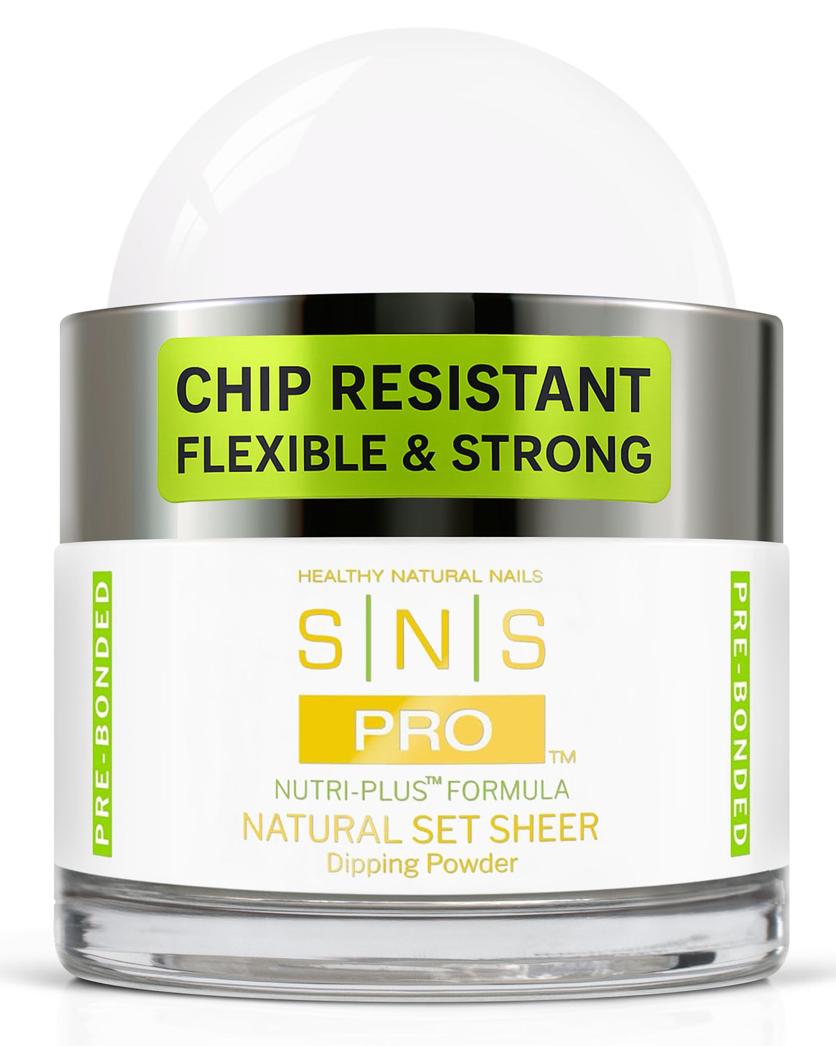 SNS Poudre Dip Naturel Sheer - bouteille montrant la teinte et la brillance.