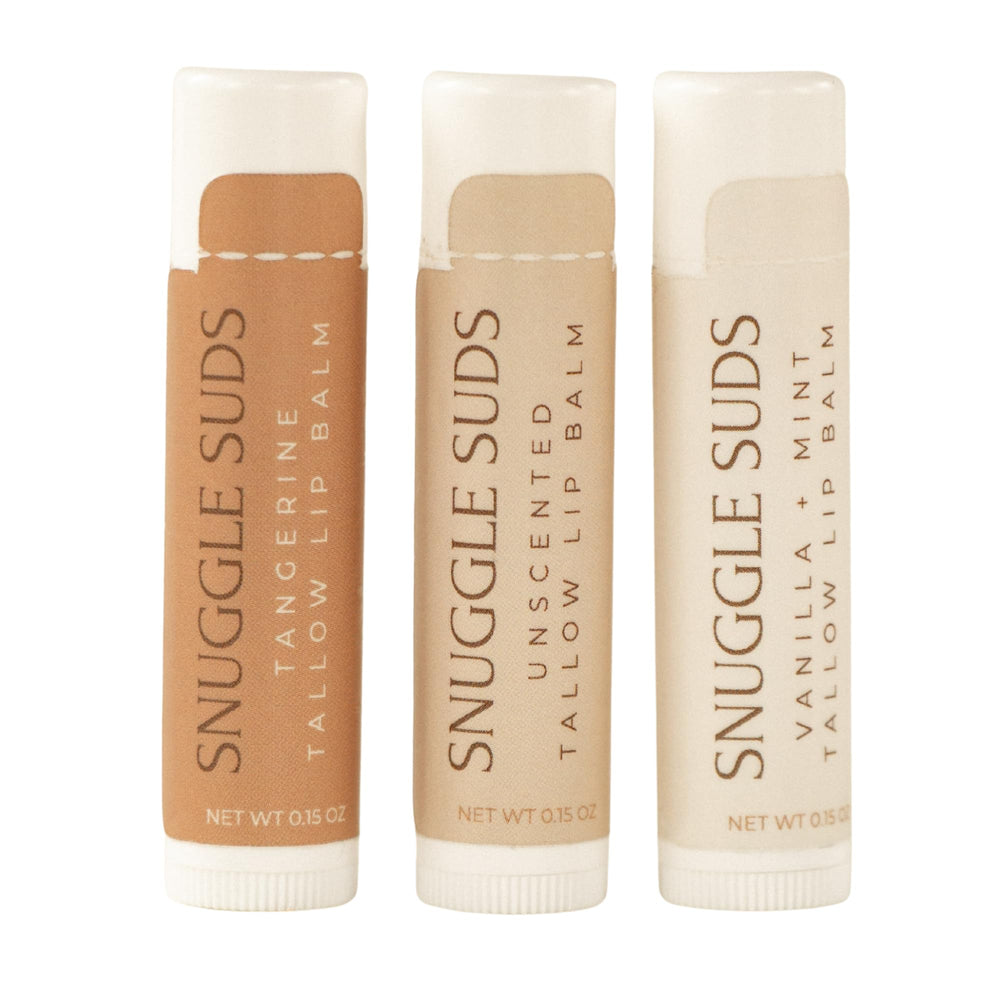 Snuggle Suds baume a levres tallow boeuf emballage, hydratation pratique