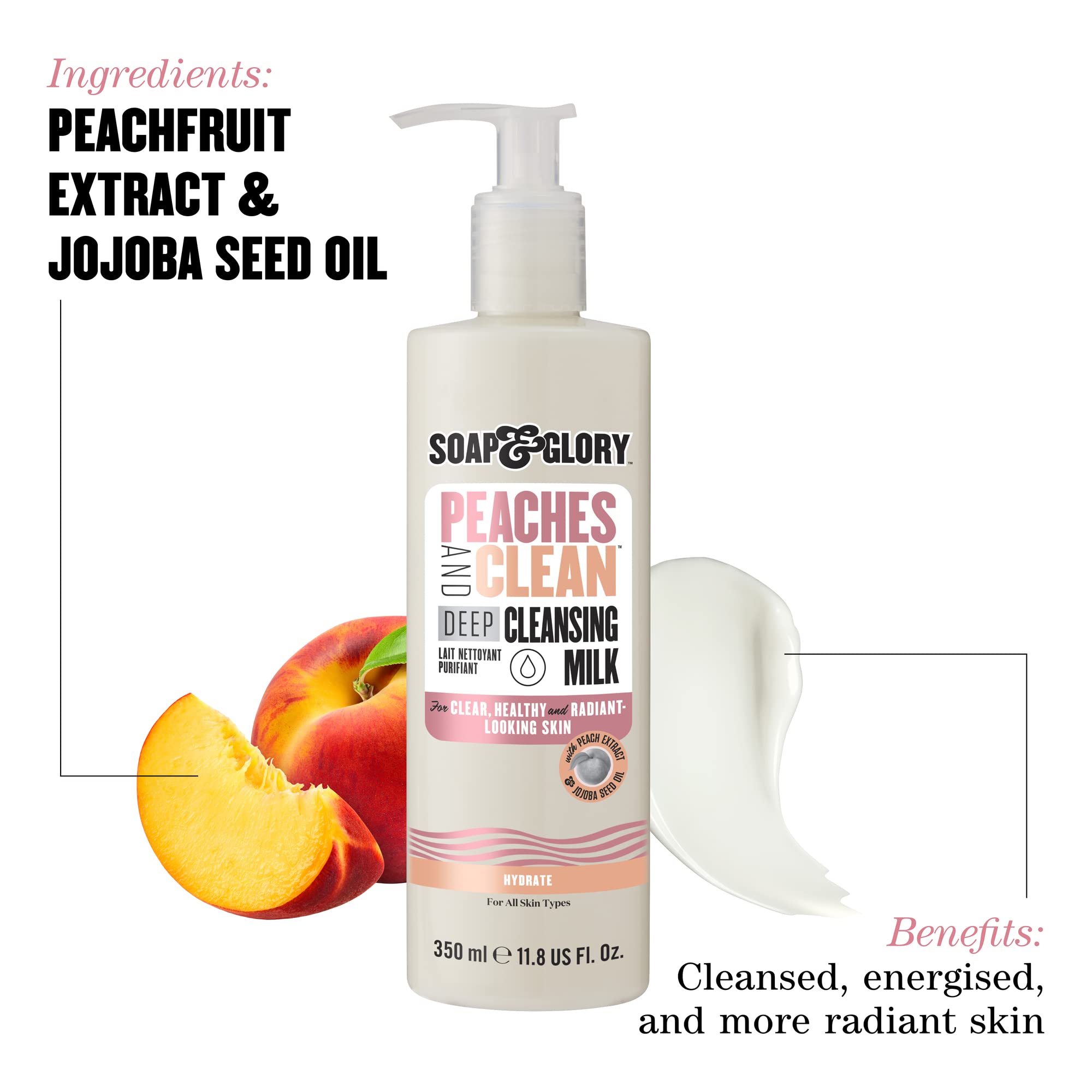 Soap & Glory lait-nettoyant peches-jojoba-bouteille élimine maquillage en douceur