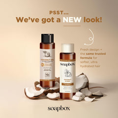 Soapbox apres-shampoing coco, bouteille pratique et nourrissant sans lourdeur.