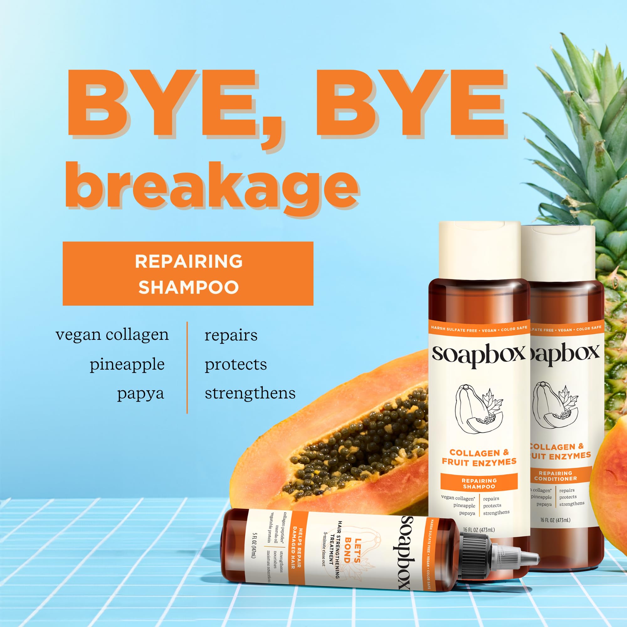 Après-shampoing Soapbox en bouteille, soin collagène pour cheveux fragiles.
