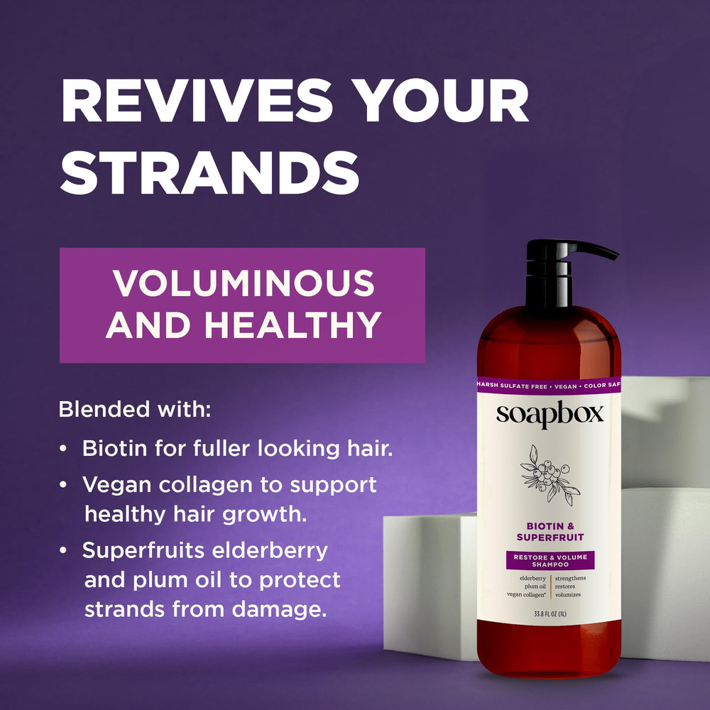 Étiquette Soapbox Biotin Superfruit Shampoo, présentation du produit