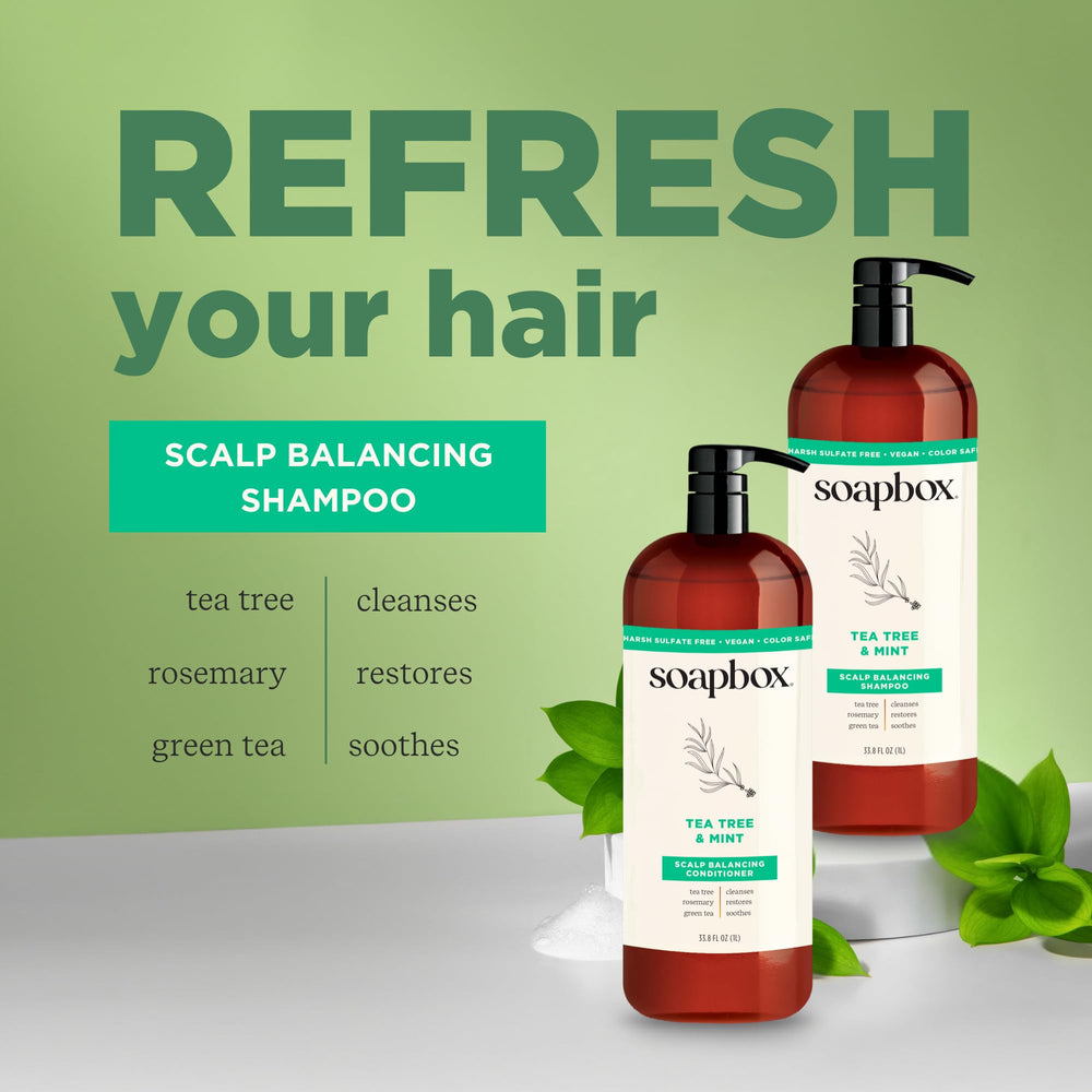 Ingrédients du conditionneur Soapbox Tea Tree avec Aloe et Karité pour douceur.