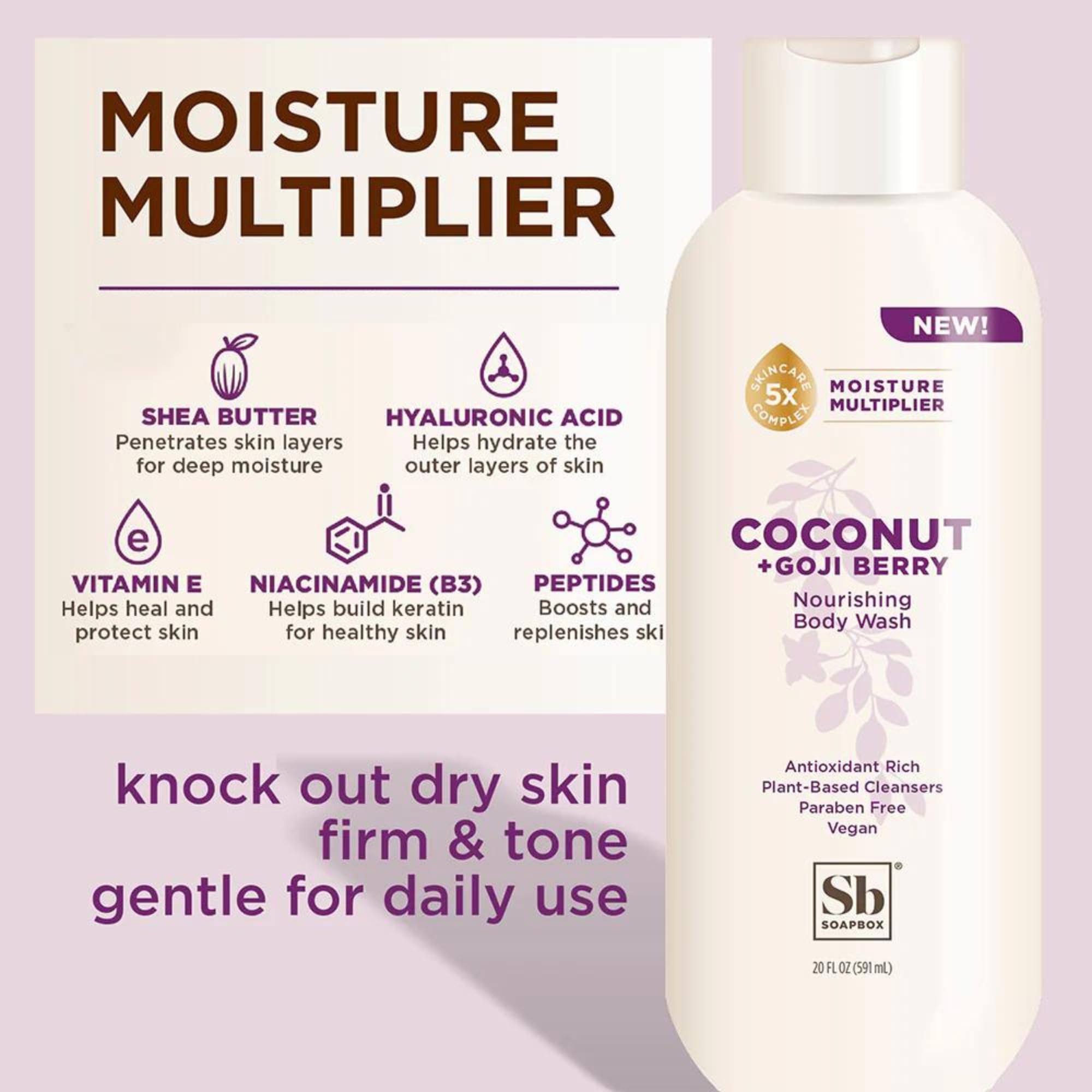 Soapbox Creme Douche Karité Flacon 20oz, texture riche et nourrissante.