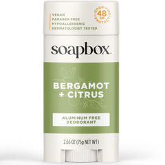 Soapbox déodorant sans aluminium Bergamote et agrumes, flacon élégant prêt à l’emploi.