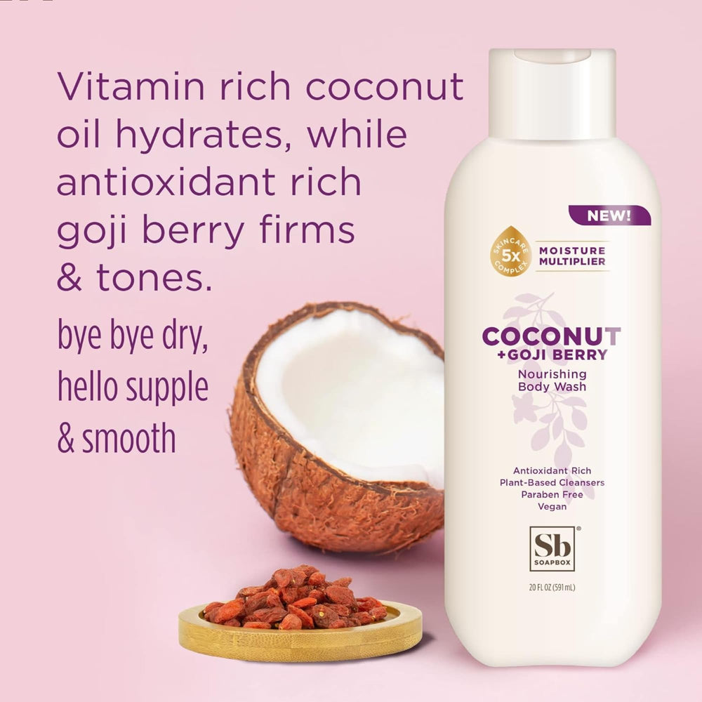Soapbox Gel Douche Quotidien Coco Goji Flacon, parfum léger et nettoyage doux.