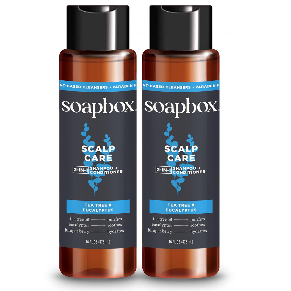 Soapbox Homme 2-en-1 Shampoing apaisant, bouteille pratique pour un soin rapide.