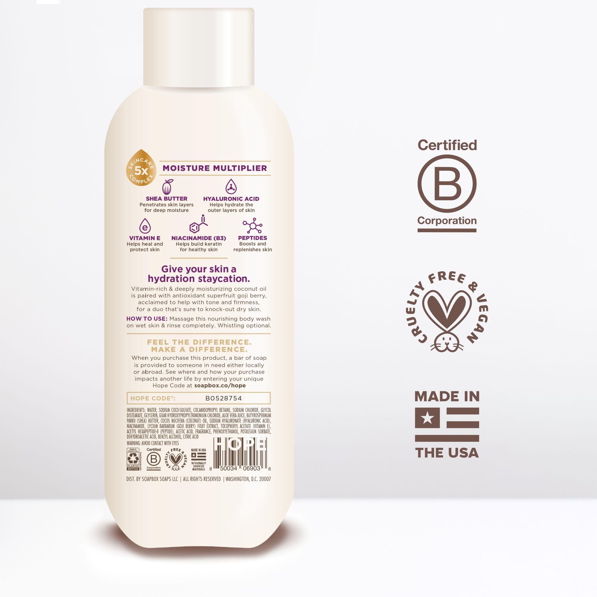 Soapbox Ingrédients Karité Acide Hyaluronique Flacon, hydratation prolongée.
