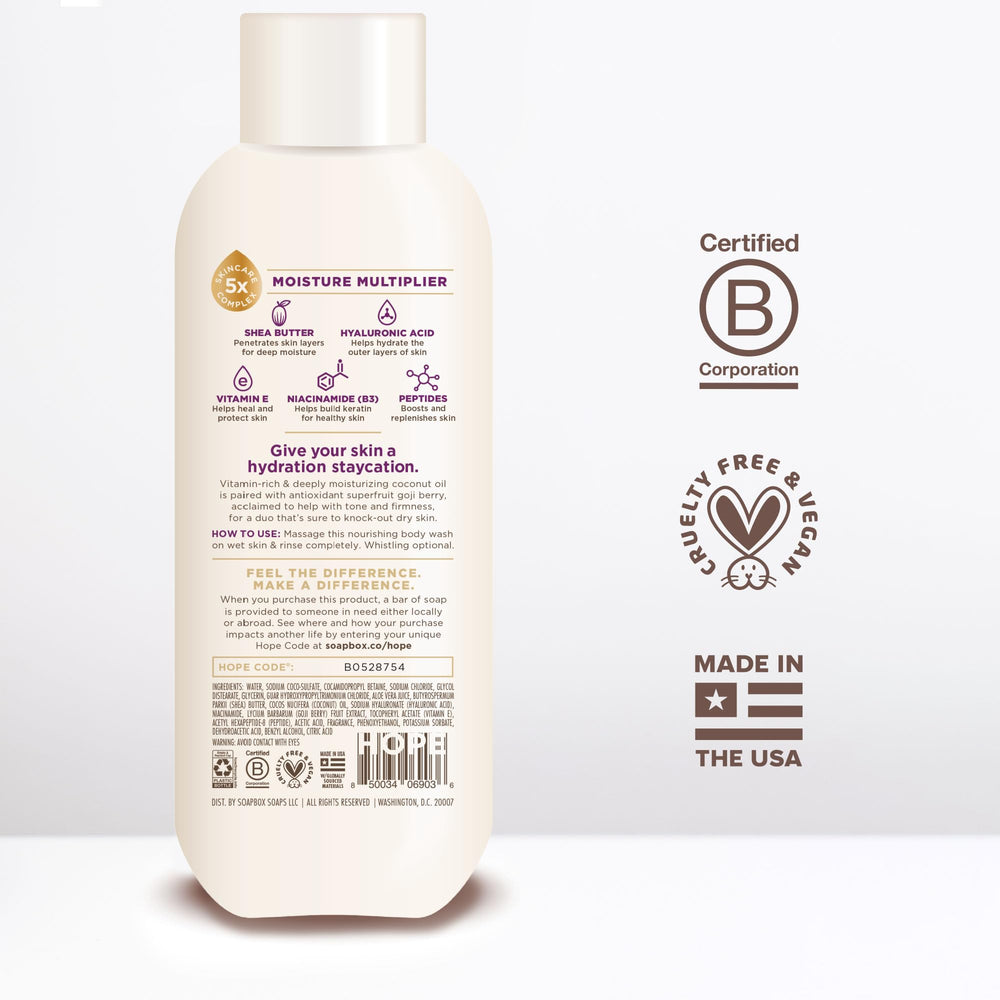 Soapbox Ingrédients Karité Acide Hyaluronique Flacon, hydratation prolongée.