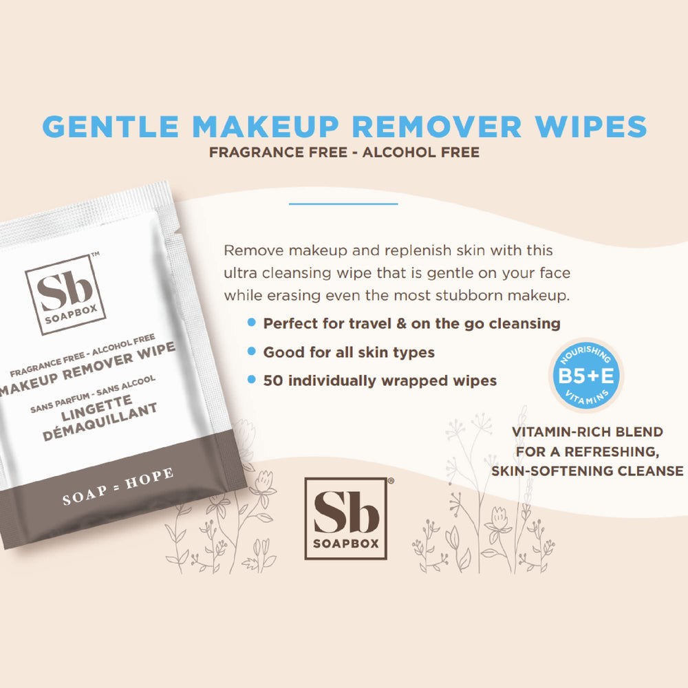 Lingettes visage prehumidifiees Soapbox pour démaquillage rapide.