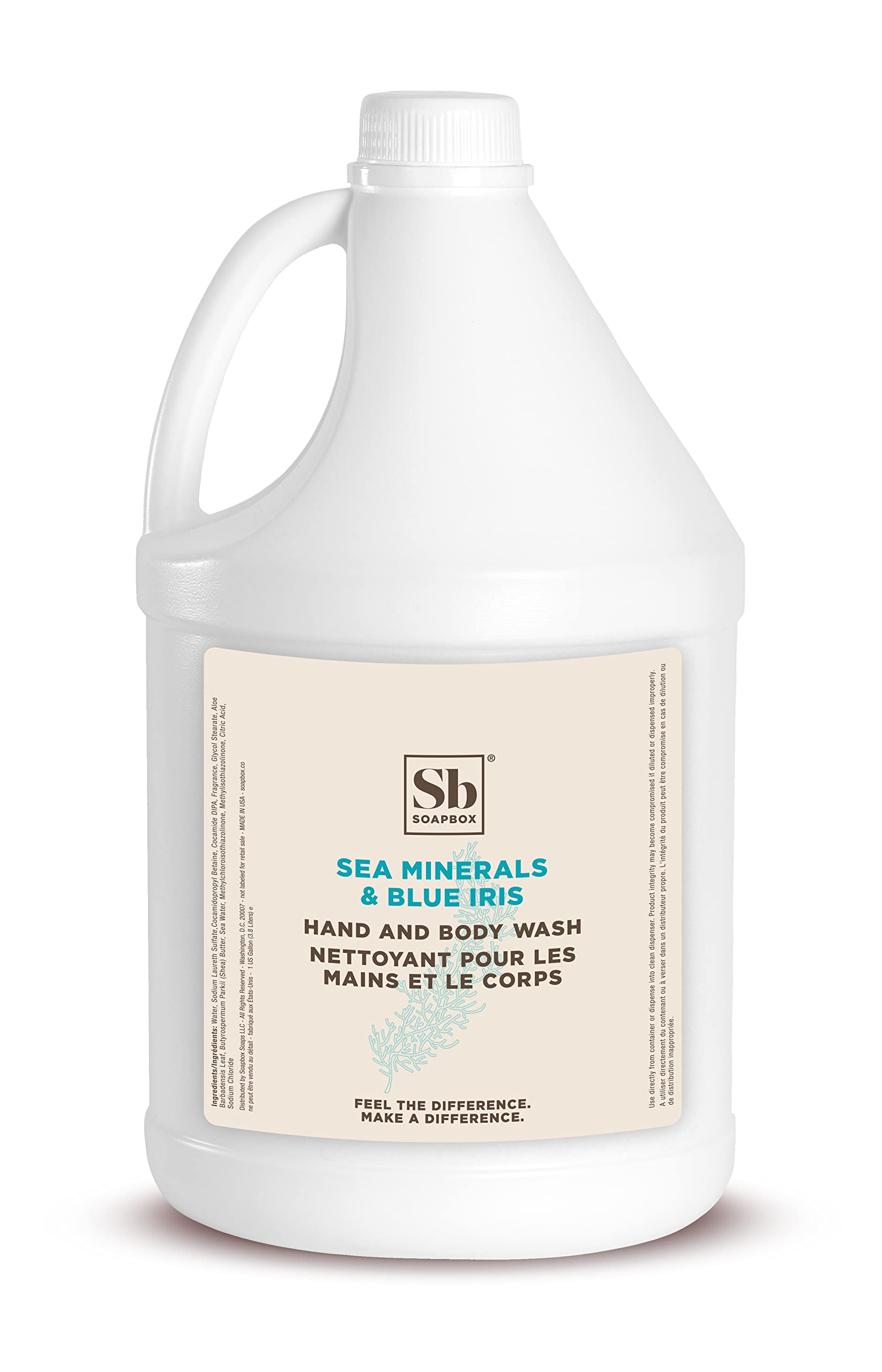 Soapbox savon liquide Sea Minerals et Iris Bleu sur étiquette, nettoyage en douceur.