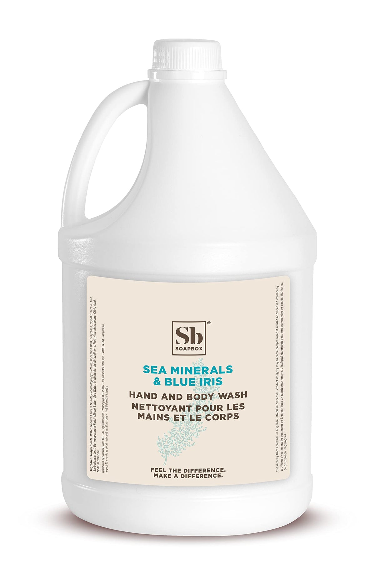 Soapbox savon liquide Sea Minerals et Iris Bleu sur étiquette, nettoyage en douceur.