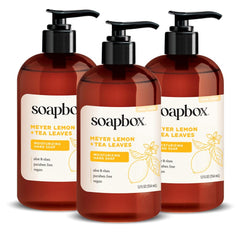 Soapbox Mains, citron de Meyer et feuilles de thé, flacon pompe pour hydratation durable.