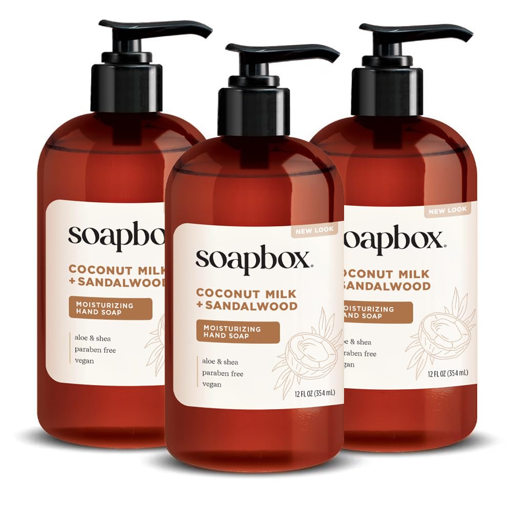 soapbox mains coco lait santal: pompe pratique, hydratation douce.