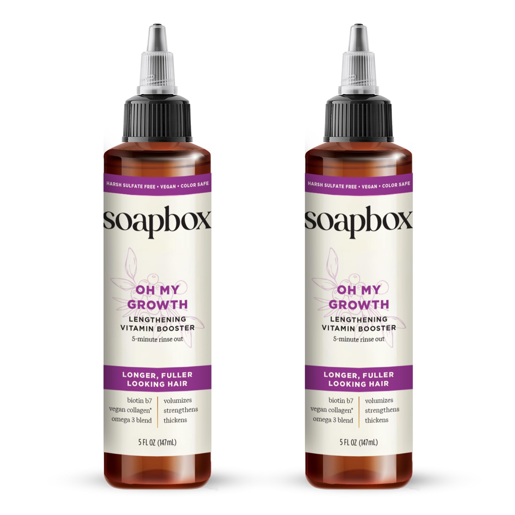Soapbox Oh My Growth - bouteille élégante révélant une formule végétale pour cheveux plus épais.