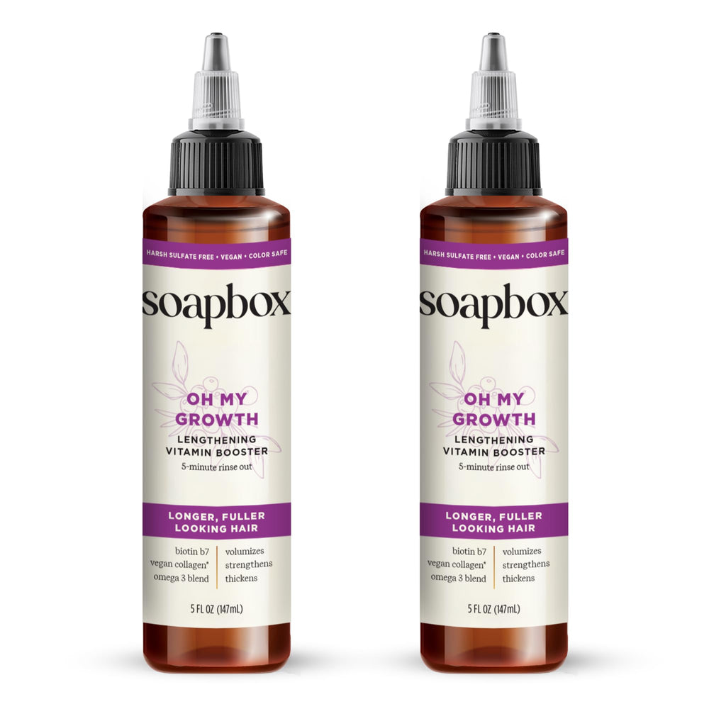Soapbox Oh My Growth - bouteille élégante révélant une formule végétale pour cheveux plus épais.