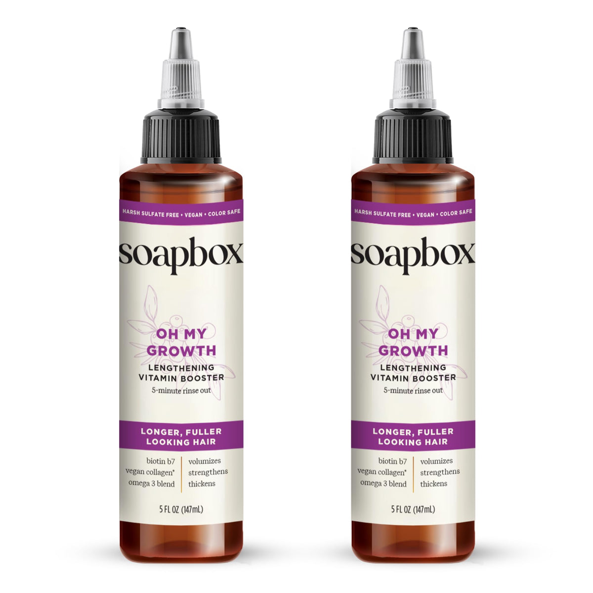 Soapbox Oh My Growth - bouteille élégante révélant une formule végétale pour cheveux plus épais.