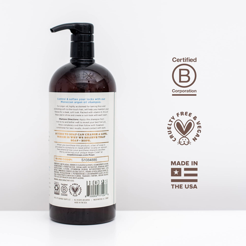 Soapbox Shampoing argan, brillance et douceur pour cheveux nourris.