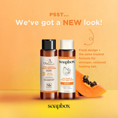 Shampoing Soapbox en bouteille avec collagène, pour cheveux secs et fins.