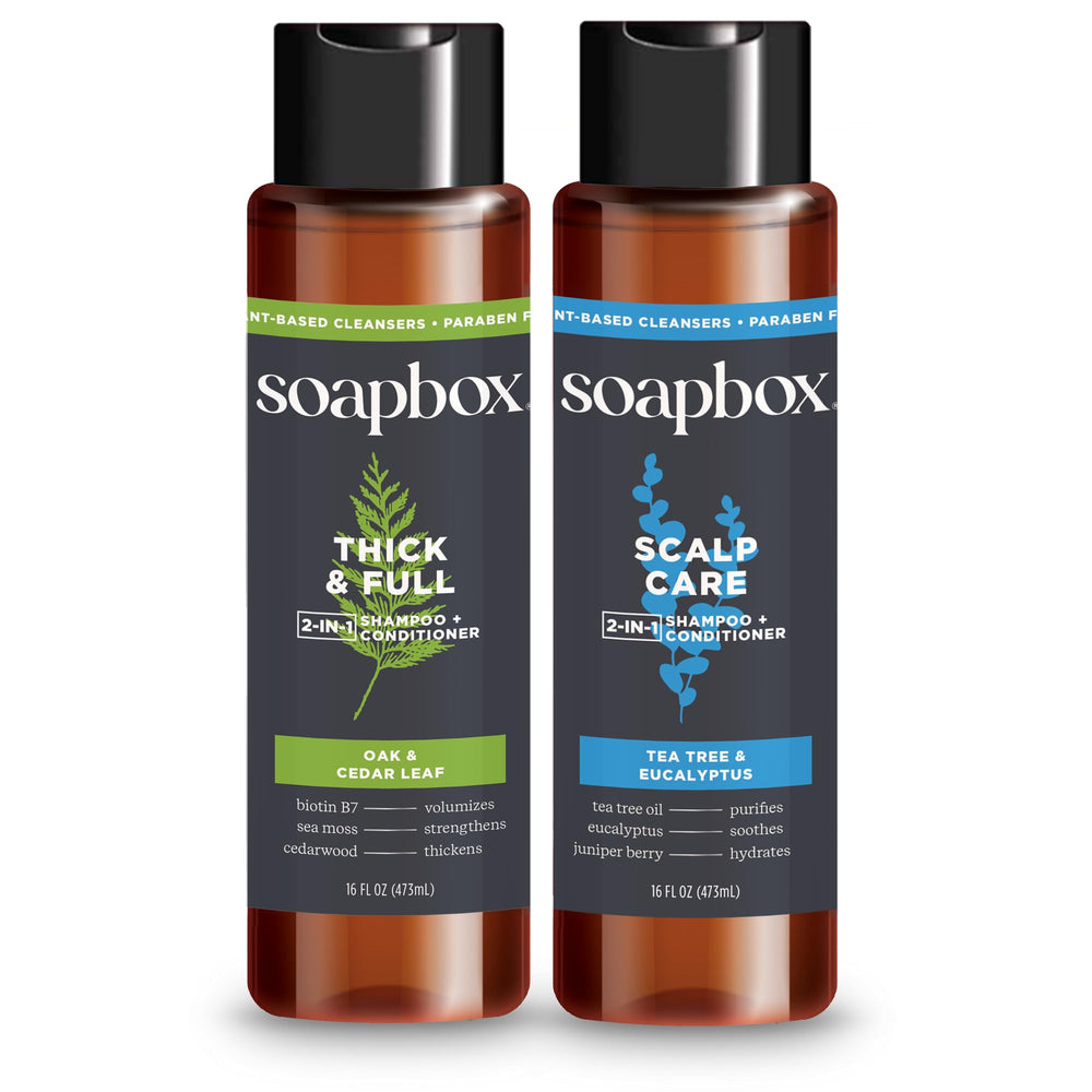 Soapbox Shampoing Homme Bouteille Epais et Remplie — texture riche pour démarrage rapide.