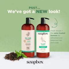 Ingrédients du shampoing Soapbox Tea Tree et huile de jojoba pour équilibre capillaire.