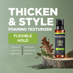 Soapbox mousse-styling homme-pompe, démontrant application facile et tenue légère.