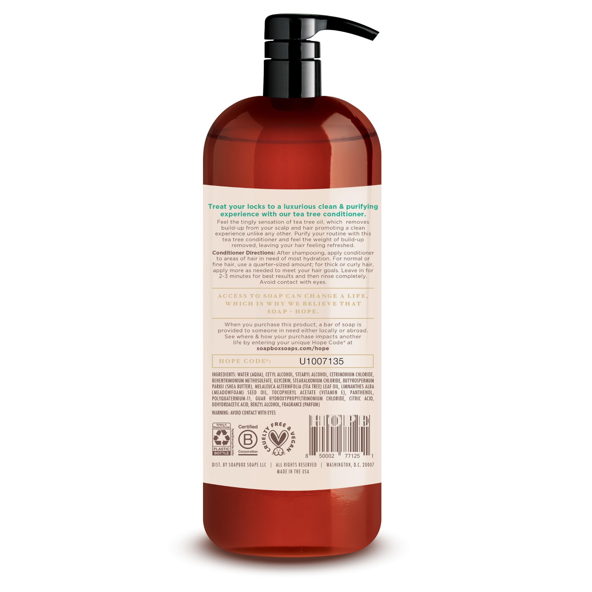 Soapbox Tea Tree Conditionneur, bouteille 1L démêle et nourrit les longueurs.
