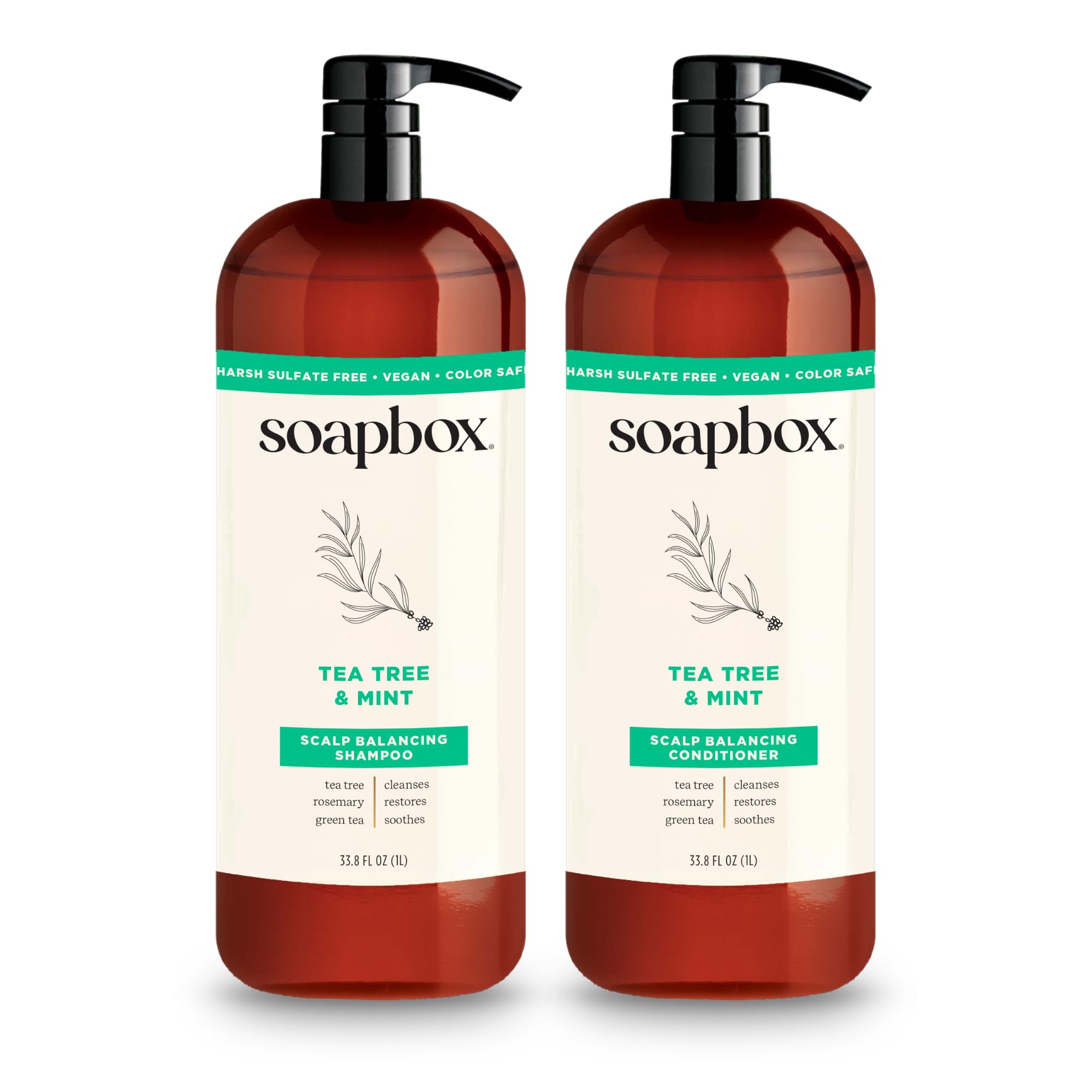 Soapbox Tea Tree Shampoo, bouteille 1L purifie le cuir chevelu et rafraîchit les mèches.