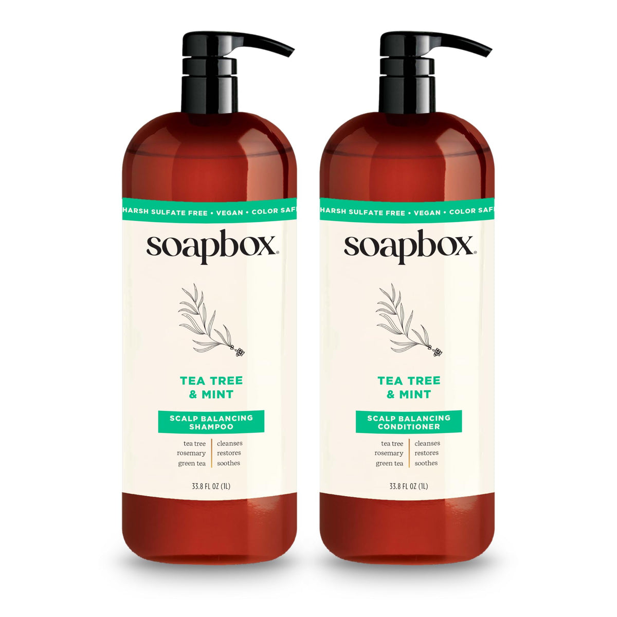 Soapbox Tea Tree Shampoo, bouteille 1L purifie le cuir chevelu et rafraîchit les mèches.