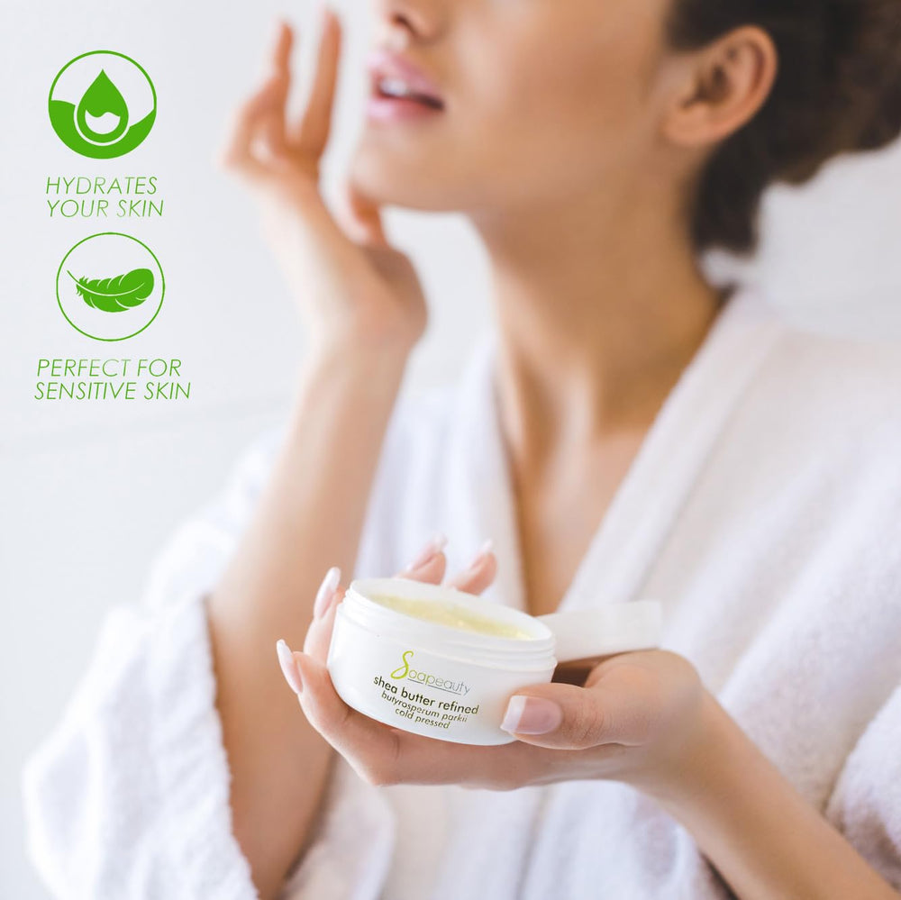 Soapeauty Beurre karité raffiné, utilisation peau et cheveux nourrissants.