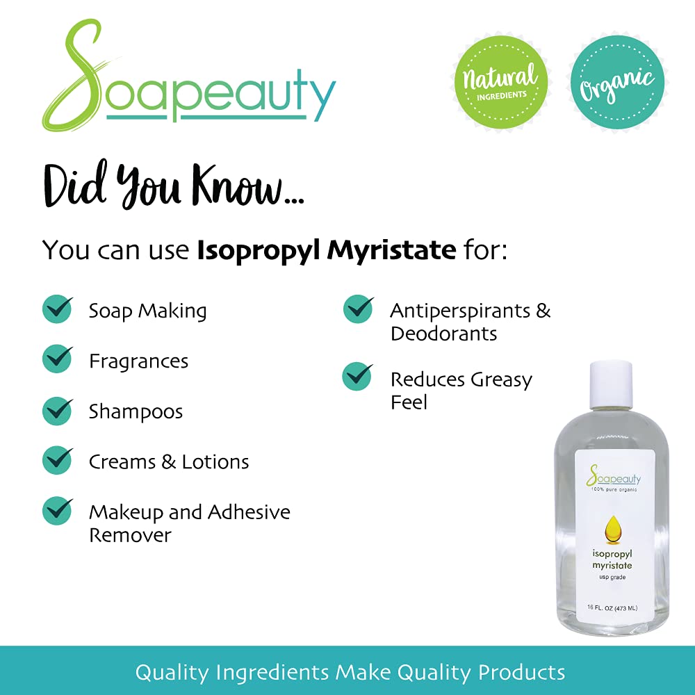 Soapeauty Isopropyl Myristate cosmetic grade for soap making and formulations.