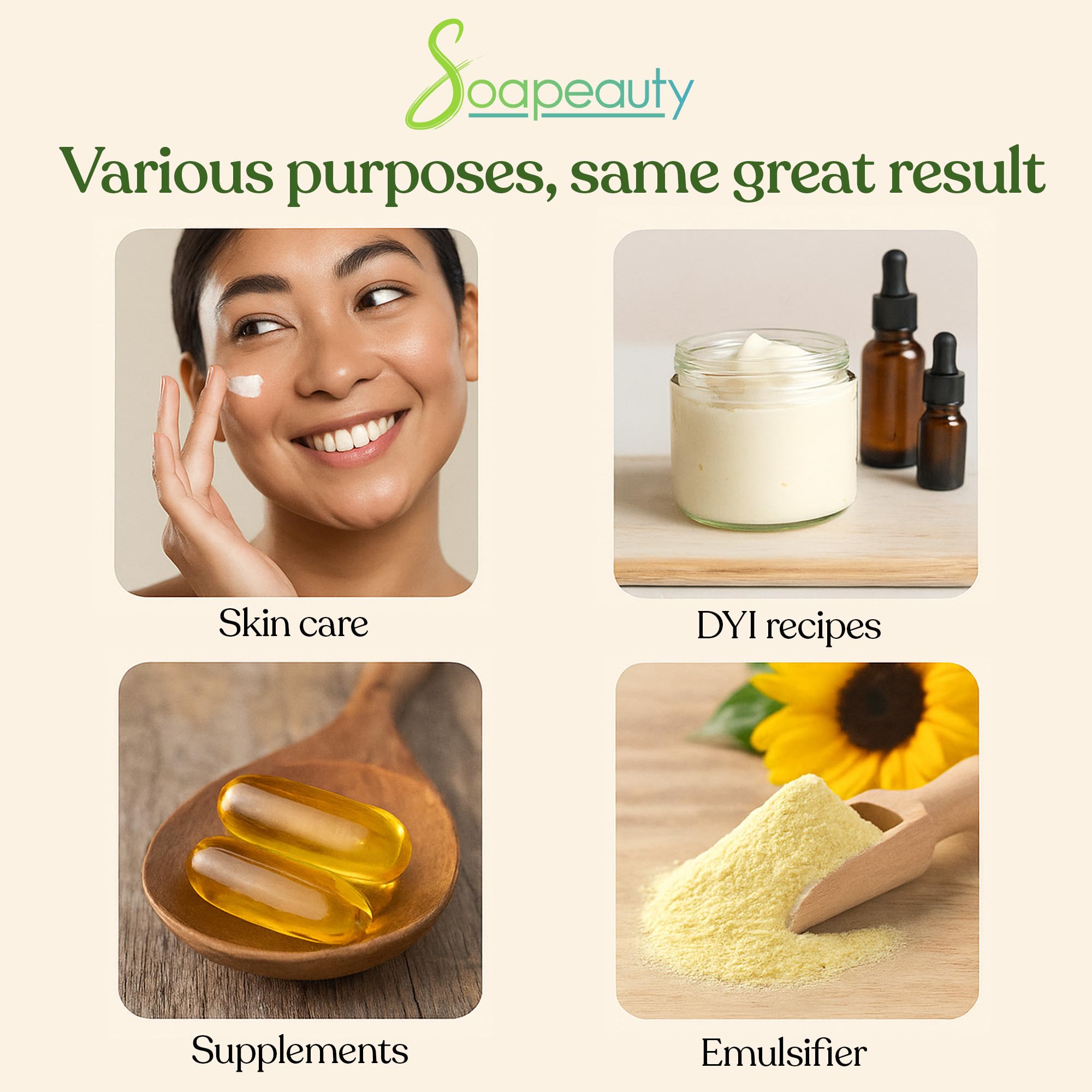 Soapeauty Sunflower Lecithin Liquid Oil ingredients panel emphasizes purity.