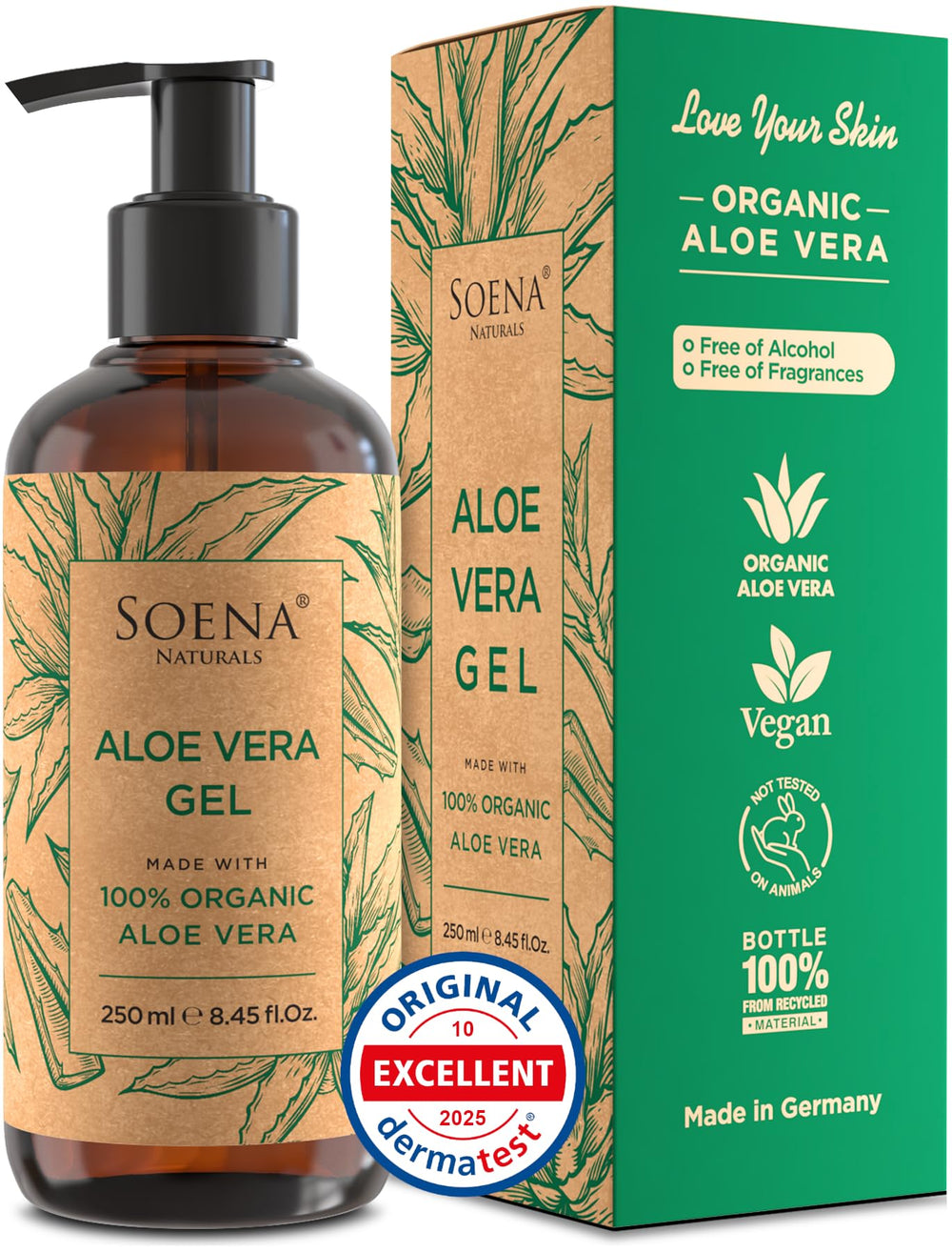 Soena Aloe Vera Gel, bouteille pure, hydratation riche pour peau et cheveux