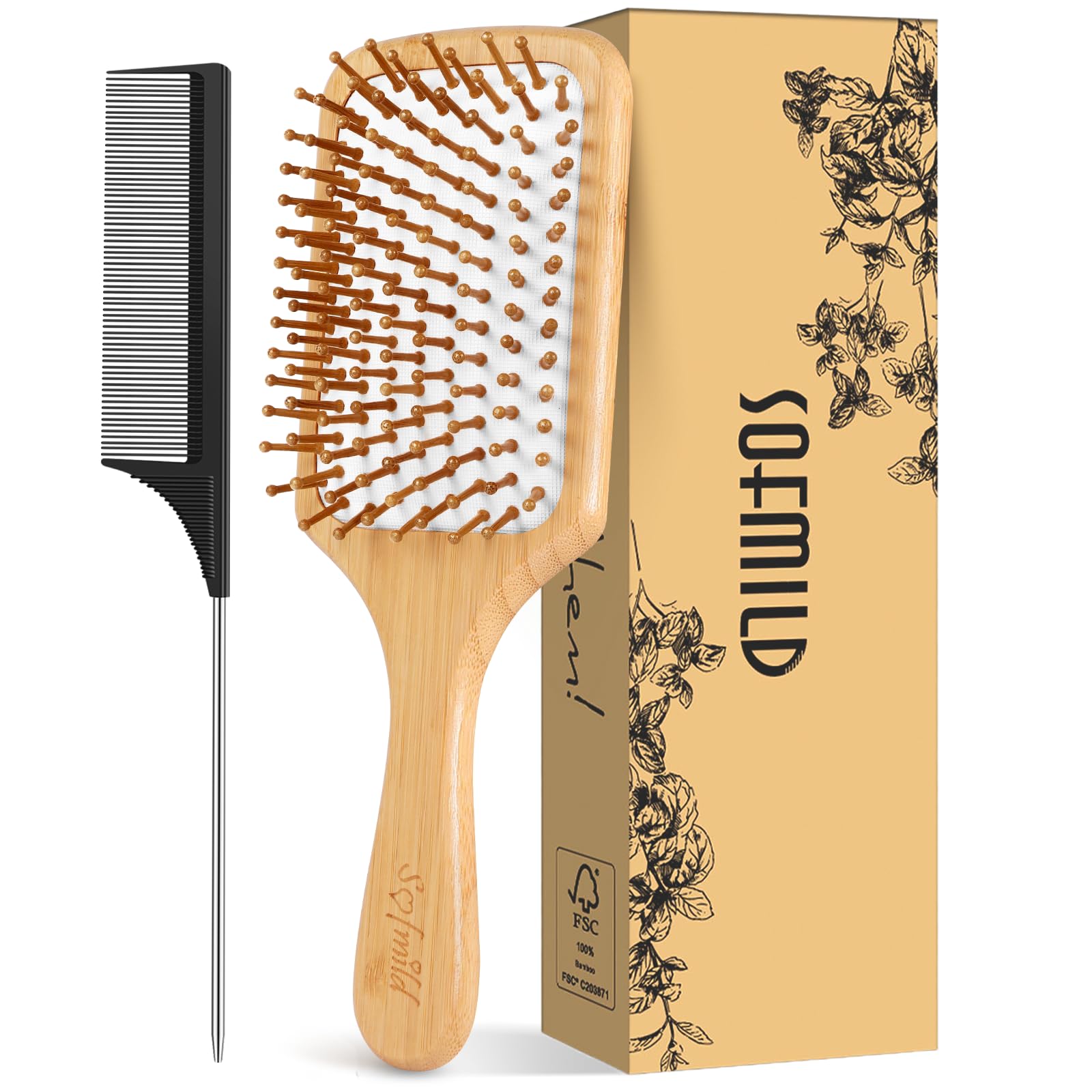 Sofmild brosse paddle bois-bambou pour démêlage en douceur