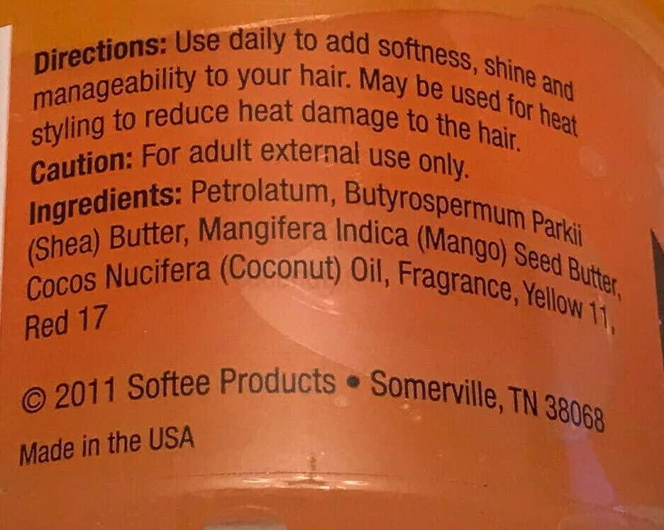 Softee Mango Butter Hair Dress – application sur cheveux pour démêlage facile et hydratation.