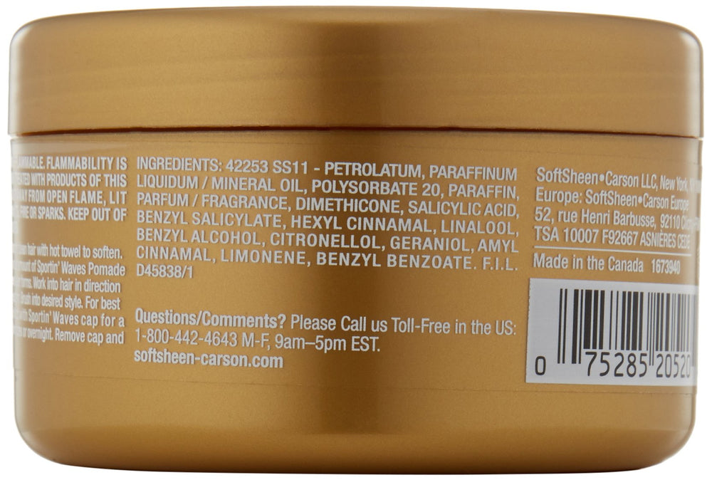 SoftSheen Sportin Waves Pomade, emballage visible, démontrant le soin apporté au coiffage.