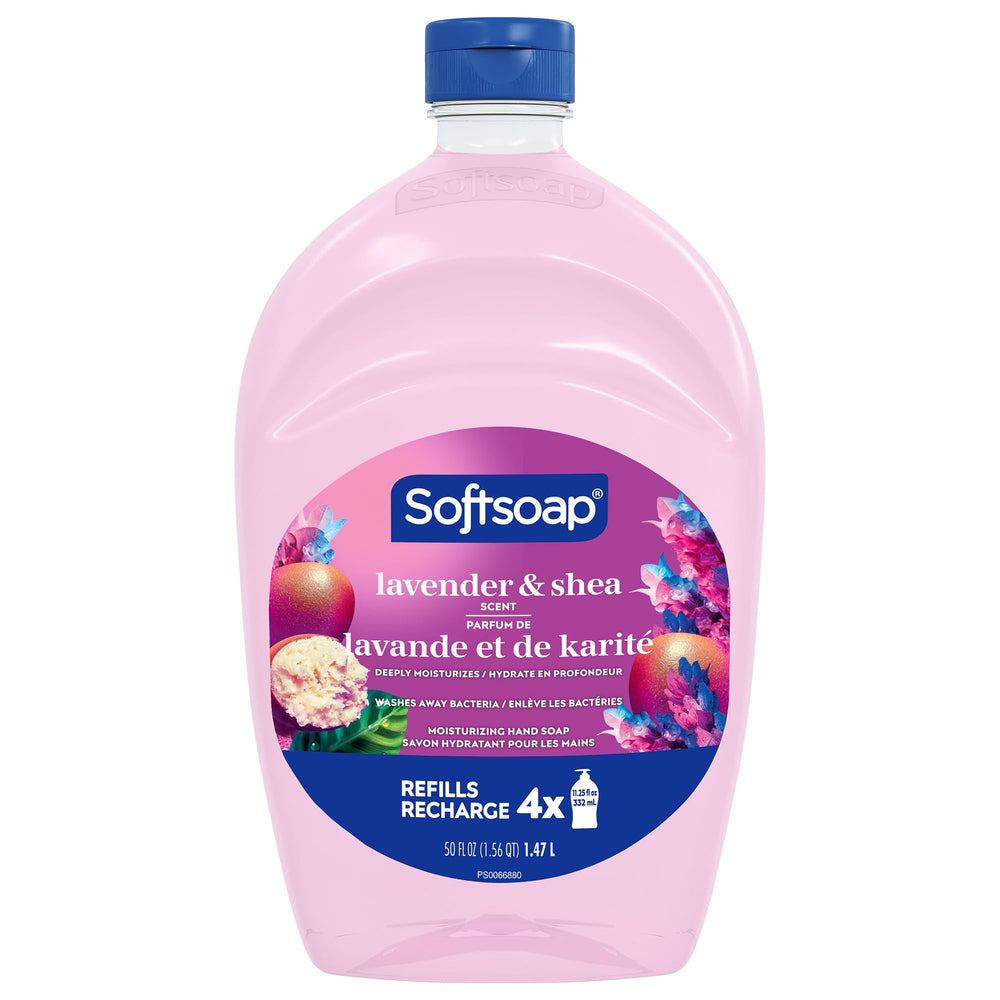 Softsoap lavender and shea butter bottle pours, creating rich cleansing lather.